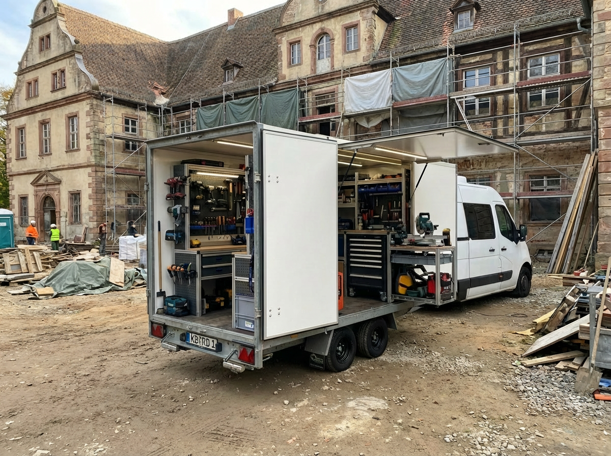 Mobile Werkstatt von Genuit Altbausanierung - Van mit Anhänger vollausgestattet für ökologische Altbausanierung mit Lehm, Holzwolle und Naturmaterialien